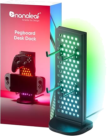 Nanoleaf Pegboard Schreibtisch Dock, 3 in 1 RGBIC Tischlampe mit Controller/Kopfhörer Halter, Doppelseitige Lichteffekte, USB-C Dock, Gaming Musik & Screen Sync über Desktop App, Ambiente Lampe
