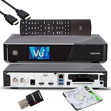 VU+ UNO 4K SE – UHD HDR 1x DVB-S2 FBC Sat Twin Tuner E2 Linux Receiver, YouTube, Satellit Festplattenreceiver, CI + Kartenleser, Media Player, USB 3.0, EasyMouse HDMI-Kabel, 2TB HDD, 300 Mbit WiFi