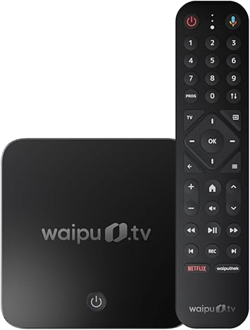 waipu.tv Box | Inkl. Fernbedienung mit Beleuchtung | Fernsehen über WLAN | LAN | HDMI | 4K | HDR10+ | Dolby Vision | Dolby Atmos | Voucher für 3 Monate 300 TV-Sender & 40.000 Filme & Serien