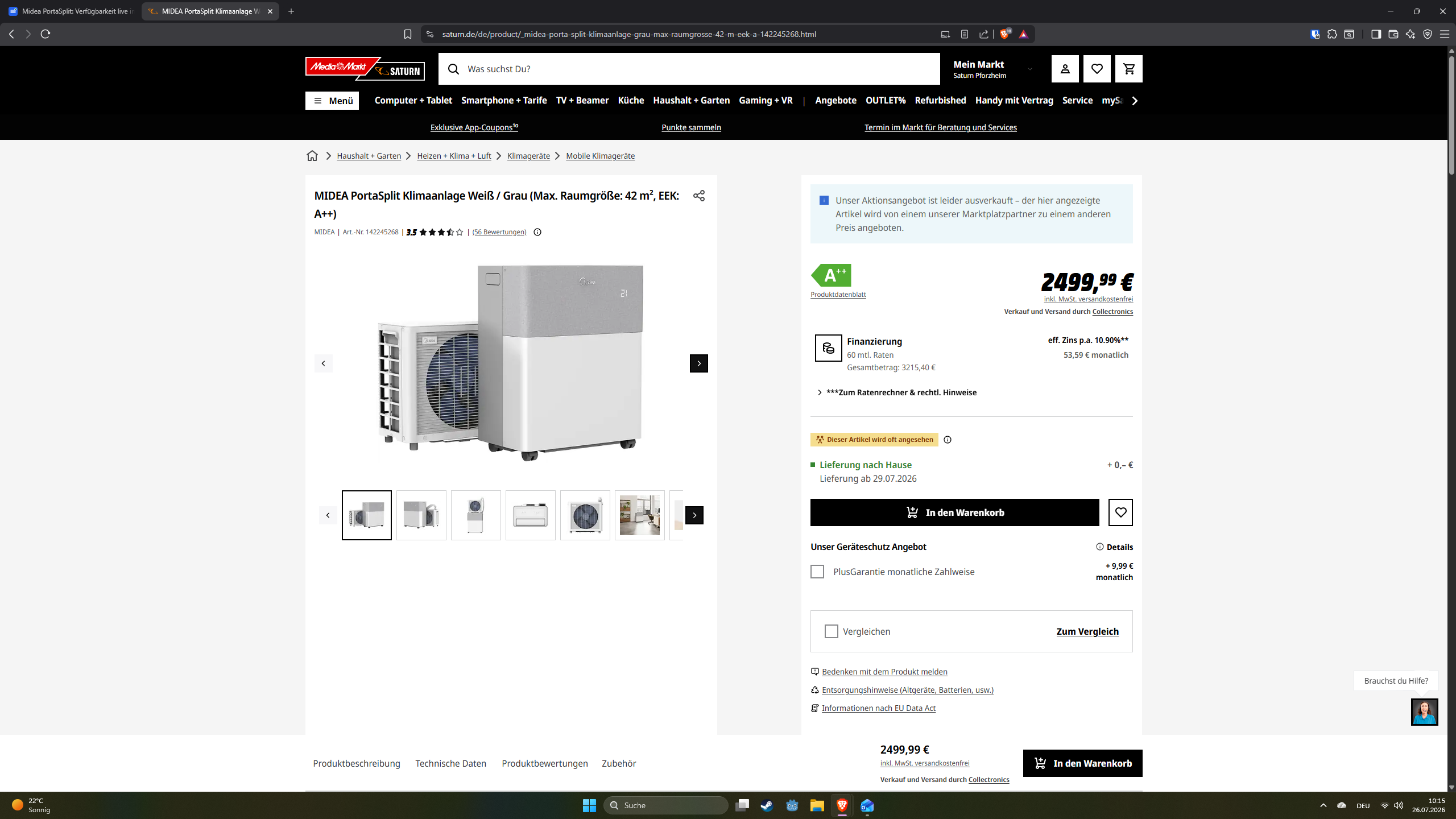 PortaSplit kaufen: Der Nachschub rollt an, und donnerstags um 15 Uhr entscheidet sich, wer eine bekommt Saturn-Produktseite der Midea PortaSplit: 2.499,99 Euro vom Marktplatzhändler Collectronics, mit Hinweis auf das ausverkaufte Eigenangebot