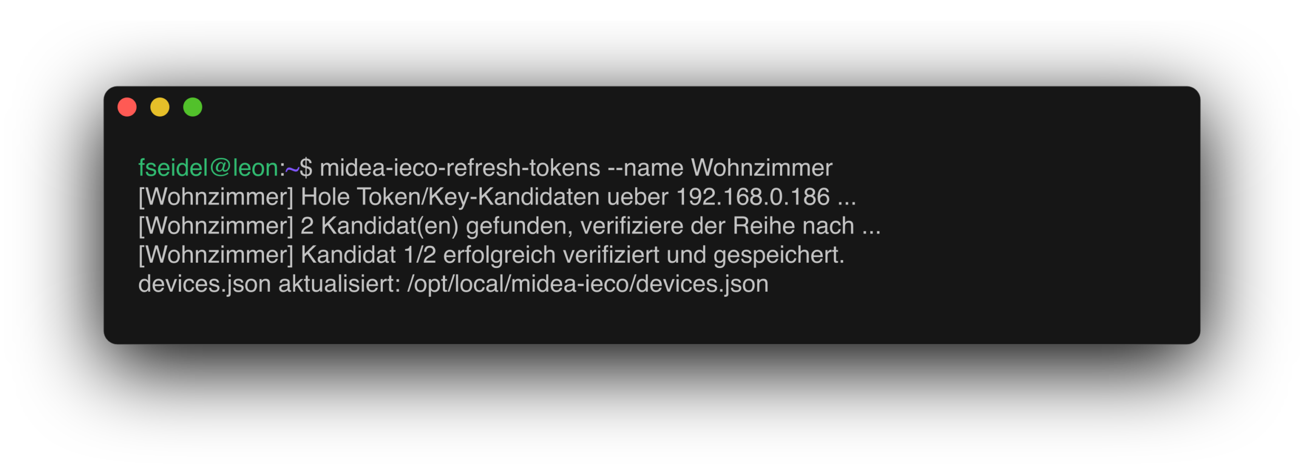 Terminal-Ausgabe von midea-ieco: Token-Abruf ohne Midea-Konto liefert zwei Kandidaten, Kandidat 1 gegen das Gerät verifiziert