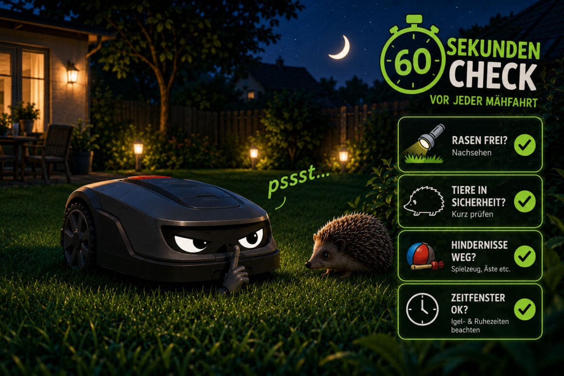 Mähroboter und Igel: der Sicherheitsplan für deinen Garten Gartenbesitzer kontrolliert den Rasen, bevor der Mähroboter startet