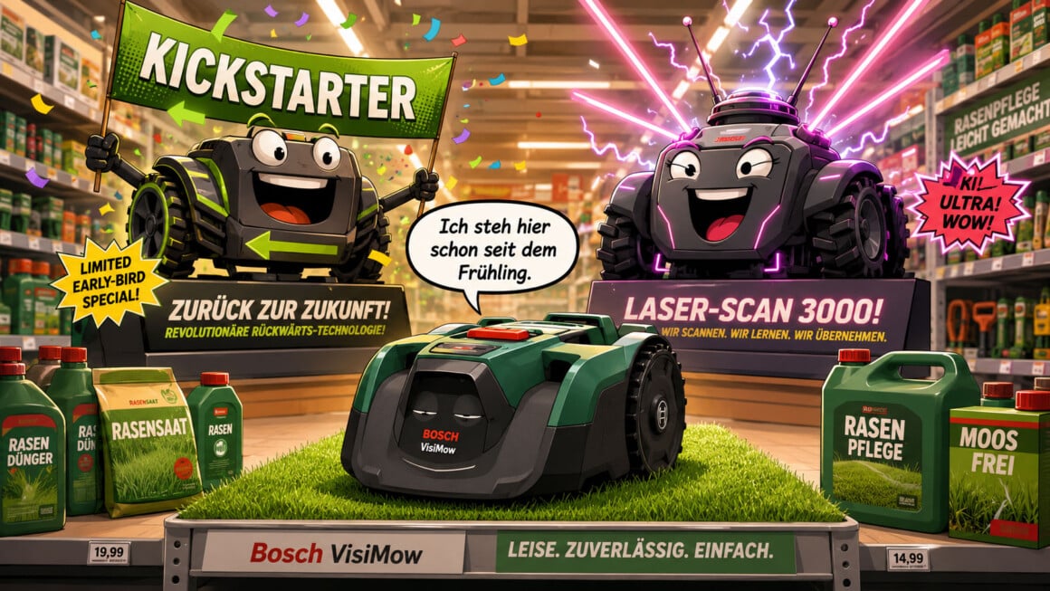 Comic-Illustration: Bosch Visimow zwischen lauten Kickstarter- und Laser-Konkurrenten im Baumarktregal
