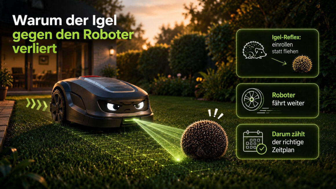 Mähroboter und Igel: der Sicherheitsplan für deinen Garten Igel sitzt im Gras vor einem Mähroboter im Garten
