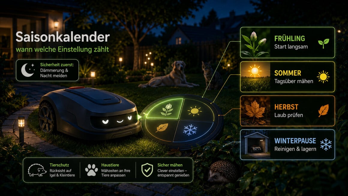 Mähroboter und Igel: der Sicherheitsplan für deinen Garten Saisonkalender mit Mähroboter-Einstellungen für Frühjahr, Sommer und Herbst