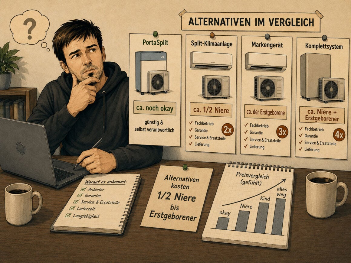 PortaSplit Alternativen: Warum fast alle Empfehlungen keine sind und was vielleicht ein wenig hilft PortaSplit Alternativen im Vergleich: mobile Split-Klimaanlagen von Climia, Argo und Remko