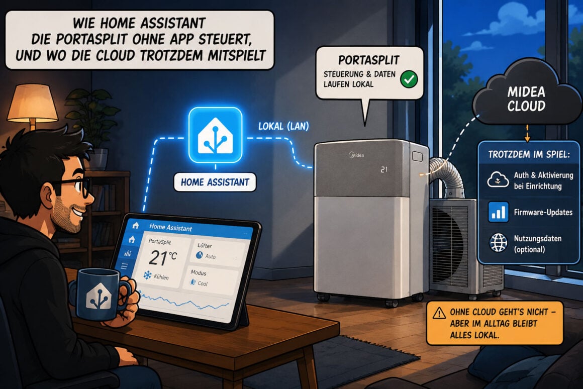 Midea PortaSplit in Home Assistant: Was an der Cloud-Warnung wirklich neu ist Infografik: Home Assistant steuert die PortaSplit lokal per LAN, die Midea-Cloud bleibt bei Einrichtung, Updates und Nutzungsdaten im Spiel
