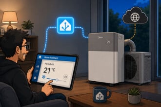 Midea PortaSplit in Home Assistant: Steuerung per Tablet im Wohnzimmer, die Midea-Cloud hängt nur noch am Rand mit drin