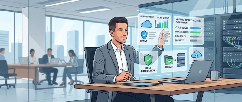 A clean, modern editorial illustration showing a professional business decision-maker sitting at a sleek desk in a contemporary office environment, evaluating multiple digital server and cloud infrastructure options displayed on floating holographic panels. The screens show abstract representations of server performance metrics, security shields, uptime graphs, and data backup icons. The atmosphere is focused and technical, with cool blue and white tones accented by subtle green indicators suggesting stability and reliability. In the background, minimalist server racks and network infrastructure elements are visible through a glass partition. The overall mood is professional, analytical, and forward-looking, conveying the critical importance of choosing the right web hosting infrastructure for a business.