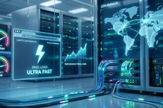 A sleek, modern digital concept illustration showing a high-speed server infrastructure with glowing fiber optic cables and NVMe storage drives in a clean data center environment. In the foreground, a stylized browser window displays a lightning bolt symbolizing fast page loading=