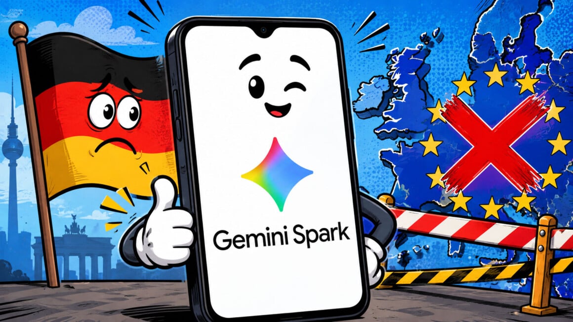 Gemini Spark in Deutschland: Google rollt weltweit aus, nur Europa bleibt draußen Comic-Illustration: Gemini Spark zwinkert mit Daumen hoch, während Deutschland und die EU hinter der Absperrung warten