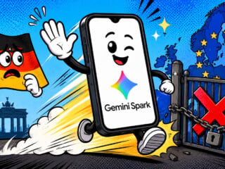 Comic: Gemini Spark in Deutschland nicht verfügbar, der KI-Agent rennt winkend am verschlossenen EU-Tor vorbei