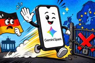 Comic: Gemini Spark in Deutschland nicht verfügbar, der KI-Agent rennt winkend am verschlossenen EU-Tor vorbei