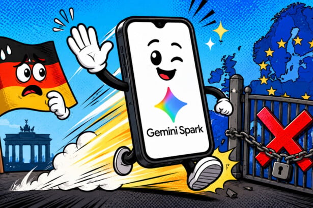 Comic: Gemini Spark in Deutschland nicht verfügbar, der KI-Agent rennt winkend am verschlossenen EU-Tor vorbei