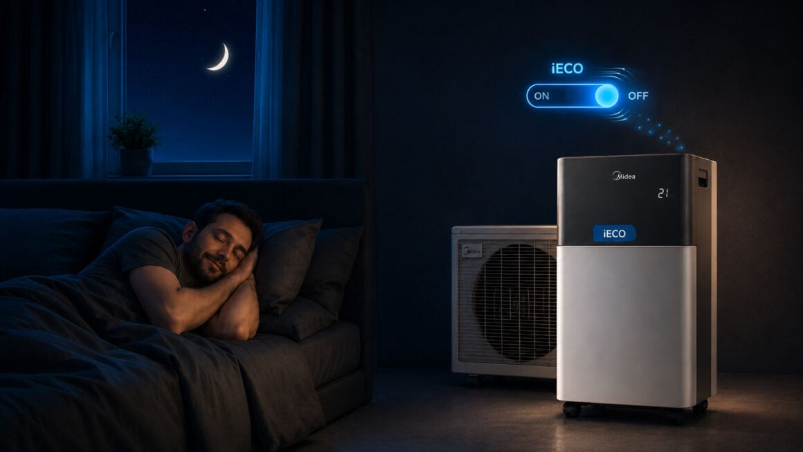 KI-Illustration: Mann schläft ruhig neben einer Midea PortaSplit, während der iECO-Schalter im Hintergrund auf OFF kippt