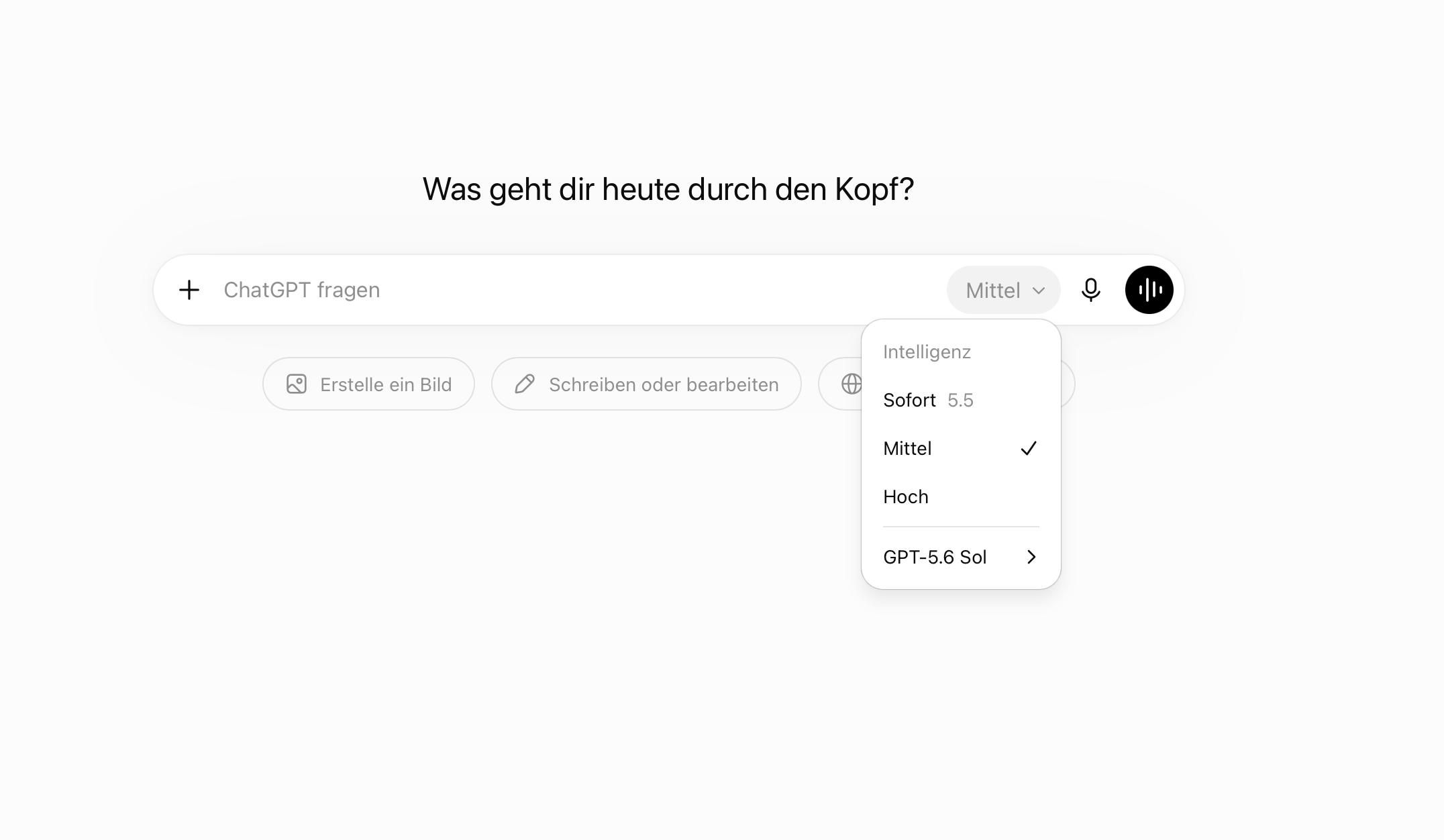 GPT-5.6 Sol taucht in der ChatGPT-Modellauswahl auf, mit den neuen Intelligenz-Stufen Sofort, Mittel und Hoch