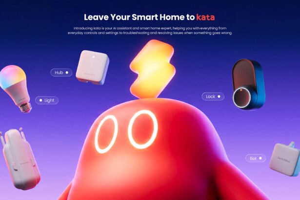 SwitchBot kata KI-Assistent: Maskottchen mit Hub, Lampe, Schloss und Bot