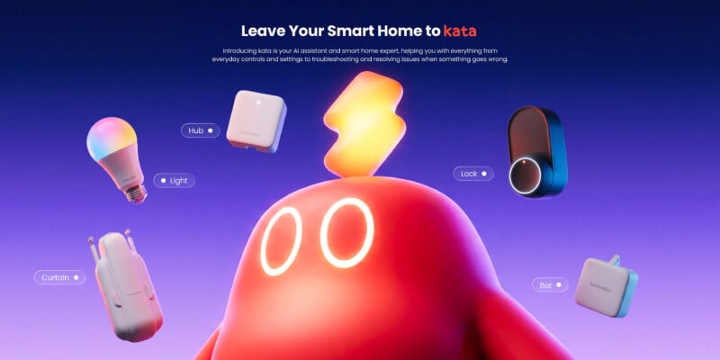 SwitchBot kata KI-Assistent: Maskottchen mit Hub, Lampe, Schloss und Bot