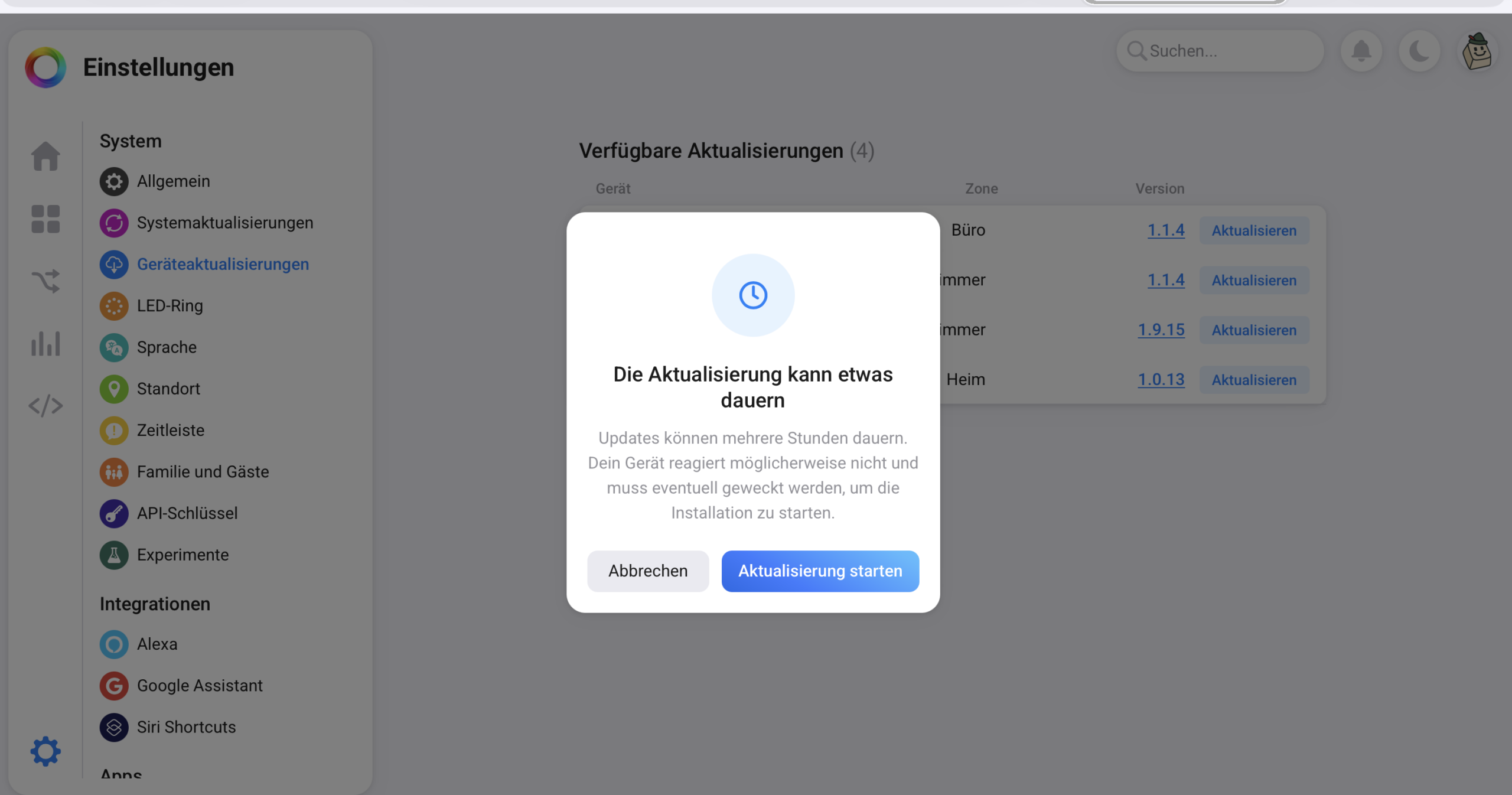 Homey Geräteaktualisierungen ausprobiert: Vier IKEA-Updates warten schon, eine Warnung auch Homey Warnhinweis vor dem Geräte-Update: Aktualisierung kann mehrere Stunden dauern, Screenshot