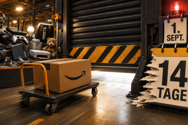 Amazon Rückgabefrist beim Mähroboter: Roboter auf dem Rasen, daneben der Kalender mit dem Stichtag 1. September