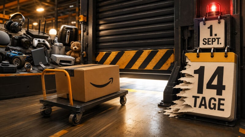 Amazon Rückgabefrist beim Mähroboter: Roboter auf dem Rasen, daneben der Kalender mit dem Stichtag 1. September