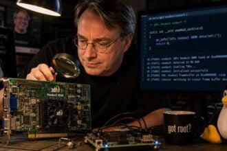 KI im Linux-Kernel: Entwickler prüft eine 3dfx Voodoo 3 unter der Lupe, daneben Kernel-Code und Tux