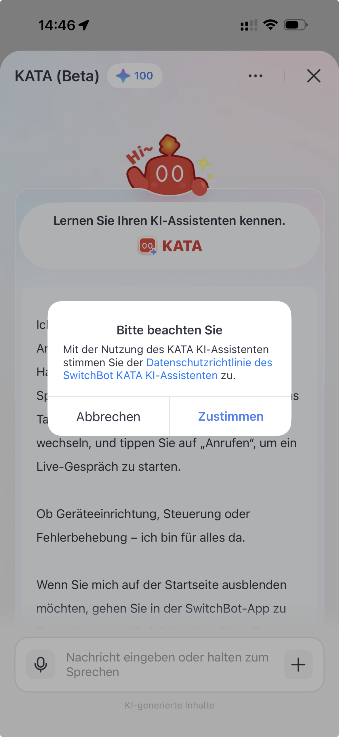 SwitchBot kata ist da: Ein KI-Assistent, der mich siezt Datenschutz-Dialog des kata KI-Assistenten in der SwitchBot App