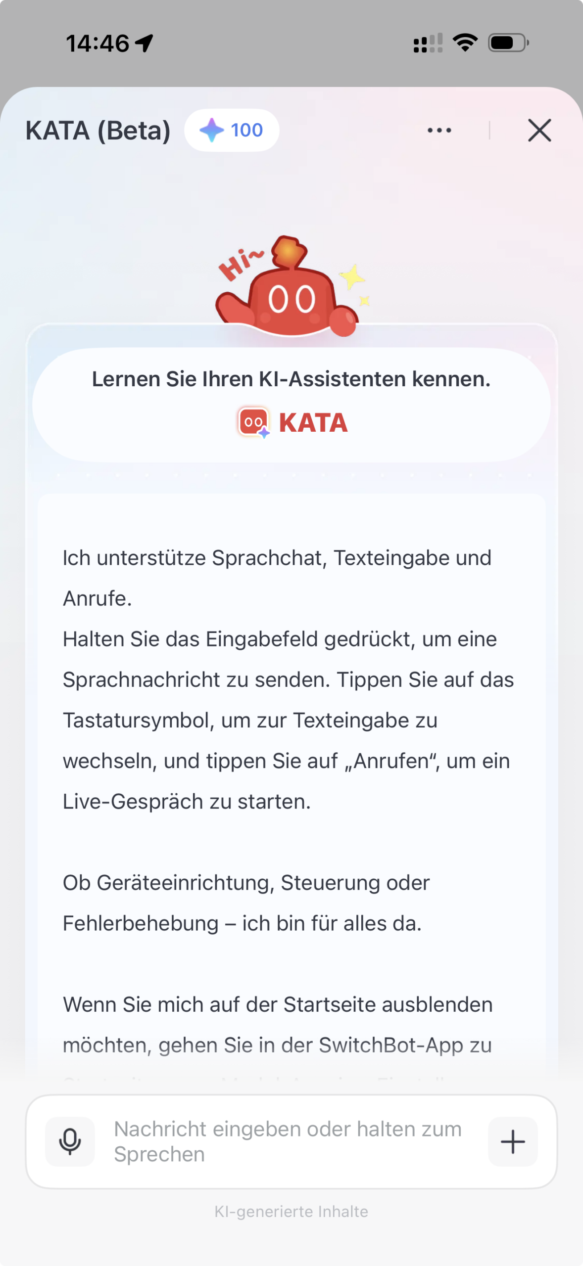 SwitchBot kata ist da: Ein KI-Assistent, der mich siezt SwitchBot kata Chat in der App mit Beta-Label und Zähler für 100 KI-Vorgänge