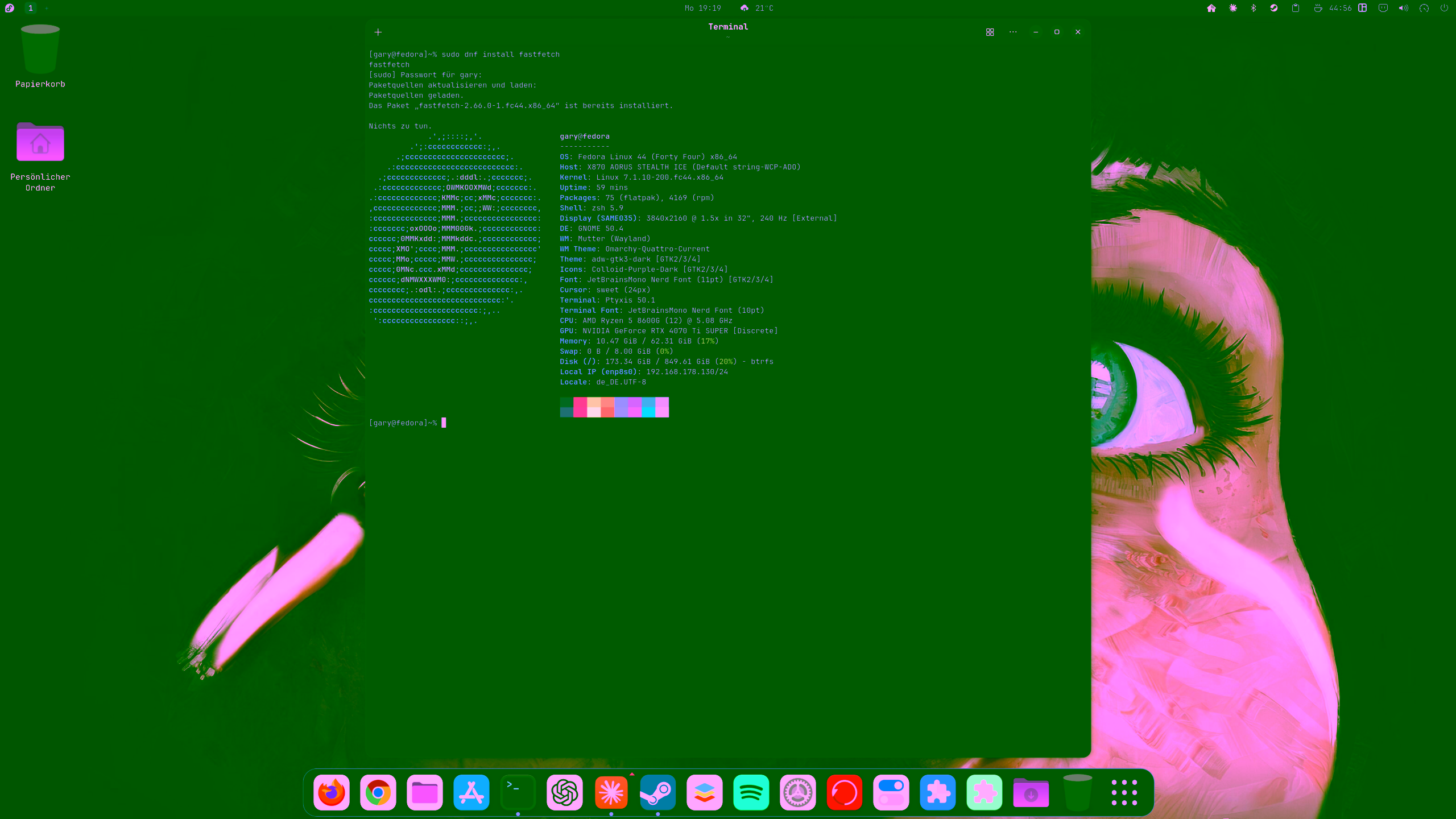 Windows auf Linux umsteigen: eine Anleitung von einem Noob für Noobs Fastfetch zeigt Fedora 44, GNOME 50.4, Ryzen 5 8600G und RTX 4070 Ti Super bei 240 Hz