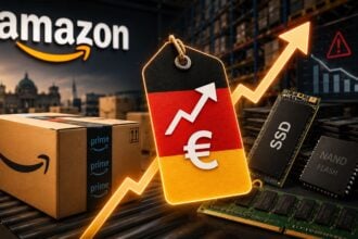 Amazon erhöht Preise: Paket, Preisschild in Deutschland-Farben und Speicherchips