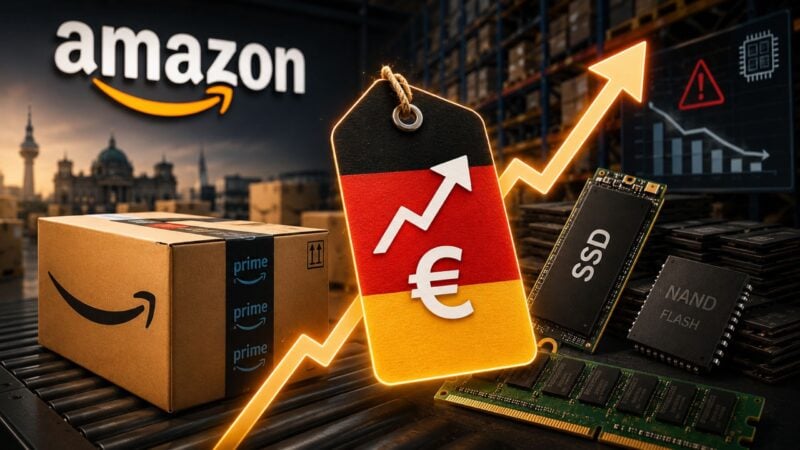 Amazon erhöht Preise: Paket, Preisschild in Deutschland-Farben und Speicherchips