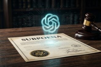 Untersuchung gegen OpenAI: Subpoena-Dokument mit Richterhammer und OpenAI-Logo (KI-generiertes Bild)