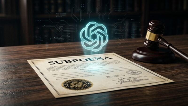 Untersuchung gegen OpenAI: Subpoena-Dokument mit Richterhammer und OpenAI-Logo (KI-generiertes Bild)