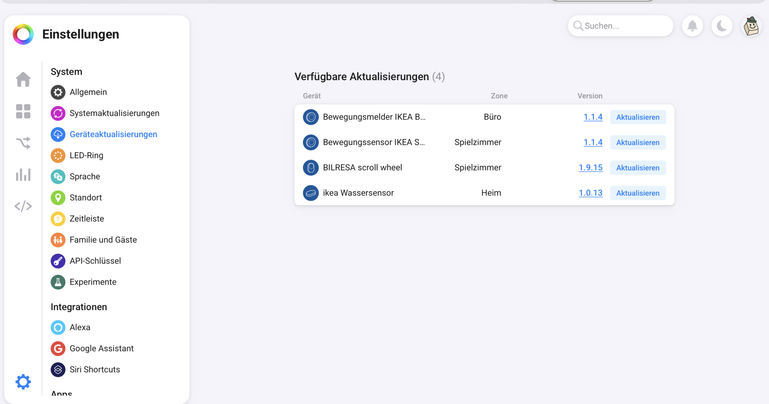 Homey Geräteaktualisierungen ausprobiert: Vier IKEA-Updates warten schon, eine Warnung auch Homey Geräteaktualisierungen in der Web-App: vier verfügbare IKEA-Firmware-Updates, Screenshot