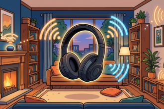 Sonos Ace Ultra: Illustration eines Kopfhörers, der per WLAN mit Lautsprechern im Raum verbunden ist