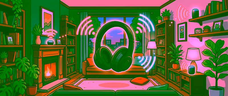 Sonos Ace Ultra: Illustration eines Kopfhörers, der per WLAN mit Lautsprechern im Raum verbunden ist