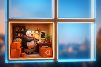 Linux unter Windows: Tux als Untermieter im Windows-Fenster, Illustration