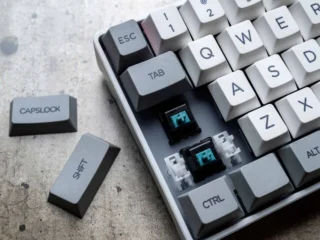 Hochwertige mechanische Tastatur mit austauschbaren Keycaps und blauen Switches für individuelles Gaming und Schreiben.