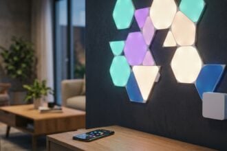 Create a sleek editorial product photograph of a modern smart home setup: a geometric wall installation of hexagonal and triangular illuminated panels mounted on a dark accent wall, glowing in soft ambient colors like teal, purple, and warm white. Focus on a small, minimalist white adapter module connected discreetly at the edge of the panel installation, with a subtle cable running to it. In the background, blurred, show a smartphone on a nearby table displaying a smart lighting app interface with simple colored dots representing zones. The lighting should feel warm and inviting, shot in a contemporary living room setting with soft shadows and a shallow depth of field. Style: clean tech-lifestyle photography, high production value, realistic textures, cinematic color grading with cool-to-warm contrast, professional studio quality, no visible text or logos anywhere in the image.