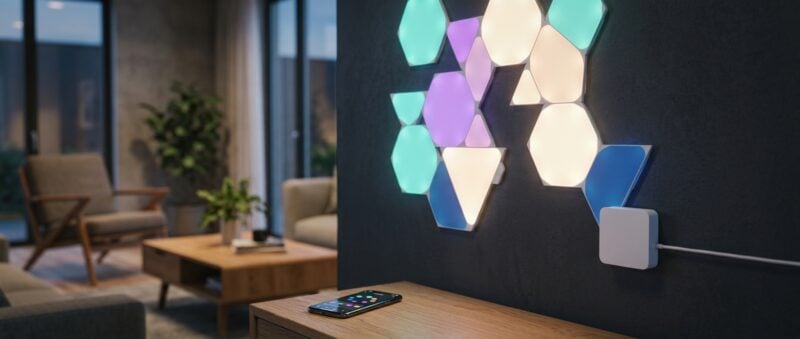 Create a sleek editorial product photograph of a modern smart home setup: a geometric wall installation of hexagonal and triangular illuminated panels mounted on a dark accent wall, glowing in soft ambient colors like teal, purple, and warm white. Focus on a small, minimalist white adapter module connected discreetly at the edge of the panel installation, with a subtle cable running to it. In the background, blurred, show a smartphone on a nearby table displaying a smart lighting app interface with simple colored dots representing zones. The lighting should feel warm and inviting, shot in a contemporary living room setting with soft shadows and a shallow depth of field. Style: clean tech-lifestyle photography, high production value, realistic textures, cinematic color grading with cool-to-warm contrast, professional studio quality, no visible text or logos anywhere in the image.