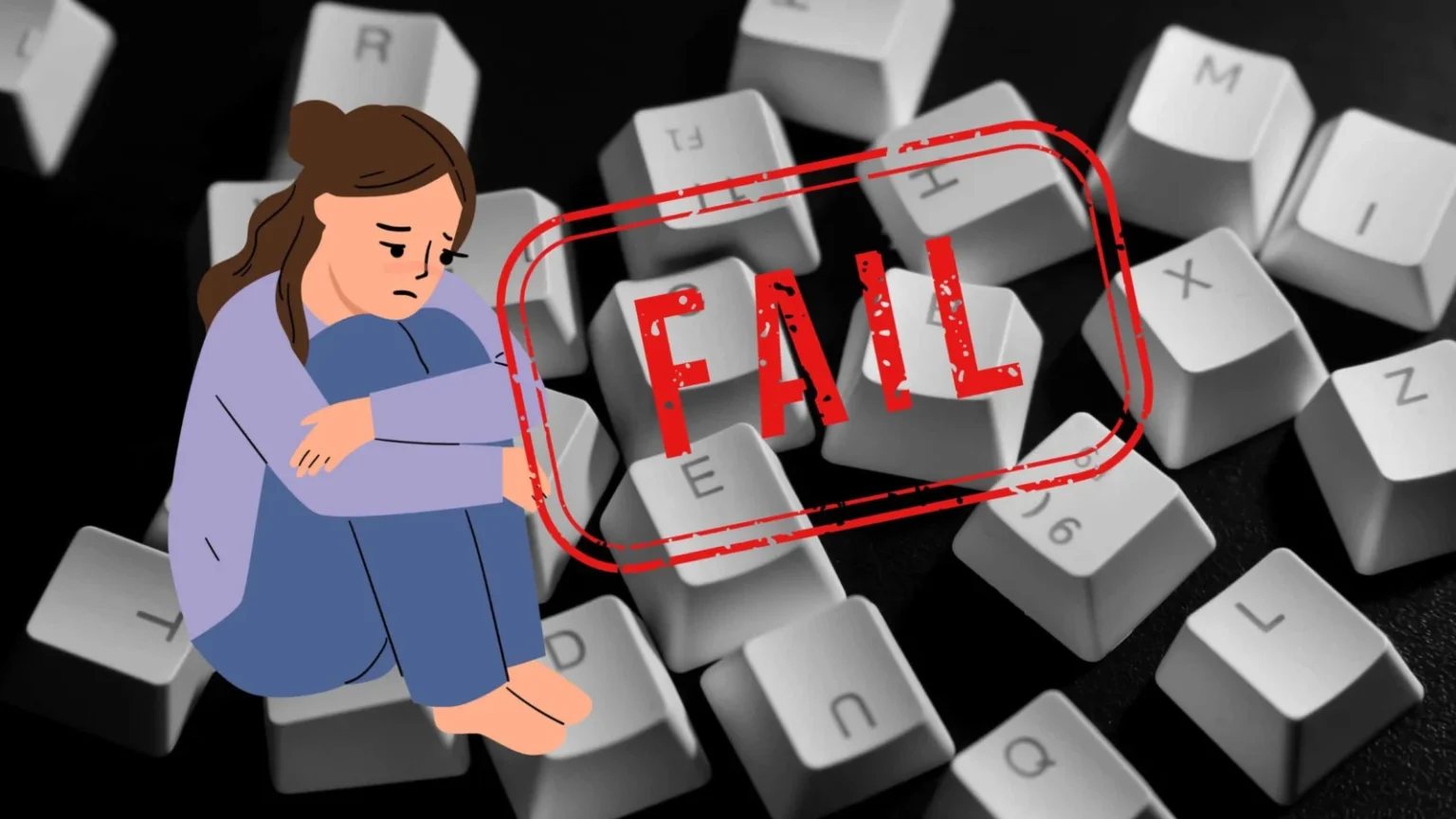 Emotionaler Mensch sitzt auf kaputtem Tastatur-Keys mit "Fail"-Stempel, symbolisiert Frustration, technische Probleme, Keyboard-Fehler, Computer-Ausfall.