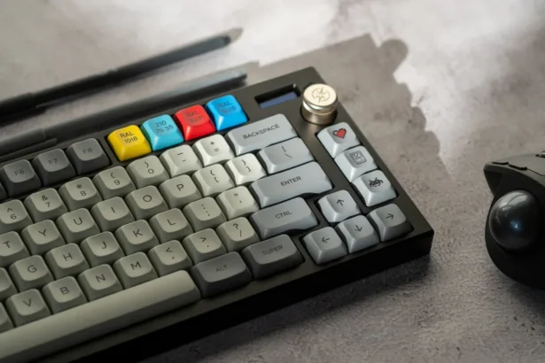 Rote, blaue, gelbe und graue Keycaps auf einer mechanischen Tastatur für PC-Gamer und Tastatur-Enthusiasten.