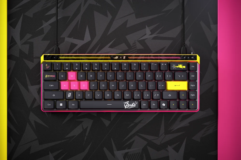Ich hab‘ keine Ahnung, wer ZywOo ist – aber seine Tastatur ist verdammt bunt Keycaps-deutsch, mechanical keyboard mit bunten Ersatz-Tastenkappen, Gaming-Layout in Pink, Gelb, Schwarz.