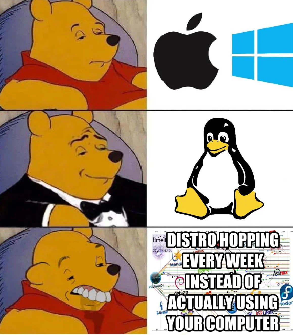 Windows auf Linux umsteigen: eine Anleitung von einem Noob für Noobs Meme über Distrohopping bei Linux-Umsteigern