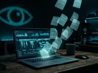 ChatGPT Computer History: MacBook mit Aktivitätsprotokoll und wachendem Auge im Hintergrund (KI-generiertes Bild)