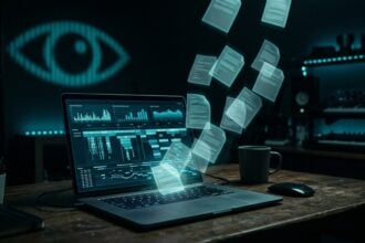 ChatGPT Computer History: MacBook mit Aktivitätsprotokoll und wachendem Auge im Hintergrund (KI-generiertes Bild)