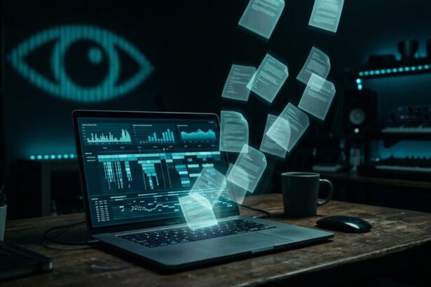 ChatGPT Computer History: MacBook mit Aktivitätsprotokoll und wachendem Auge im Hintergrund (KI-generiertes Bild)