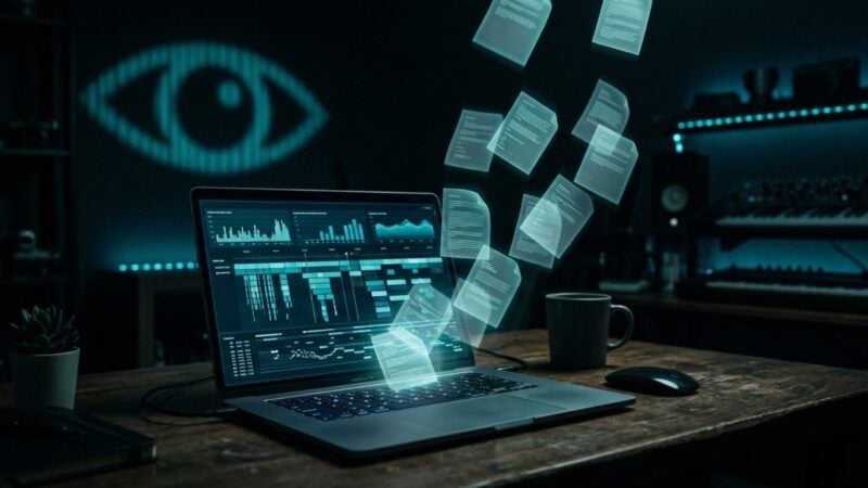 ChatGPT Computer History: MacBook mit Aktivitätsprotokoll und wachendem Auge im Hintergrund (KI-generiertes Bild)