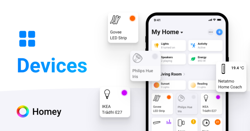 Homey App Geräteansicht mit neuen Gerätekacheln