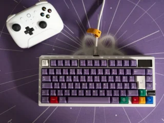 ViertesGaming Tastatur mit lila Keycaps, ergonomisches Design, deutsches Layout, 调色键, für professionelle Nutzung.